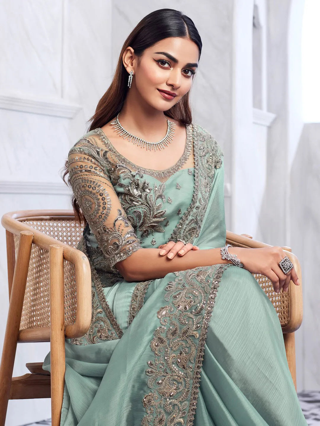 Fulari Stylish party wear chiffon saree in sea green