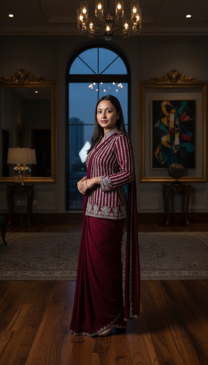 Designer Maroon Saree with Jacket: Modern Ethnic Wear