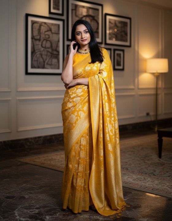 Soft Yellow Silk Saree for Women – Elegant Banarasi Floral Design