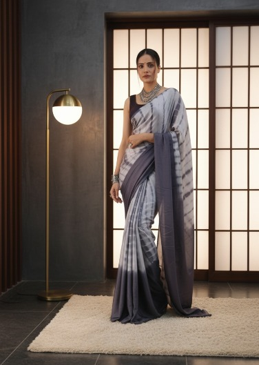 Modern Gray Tie-Dye Ready-to-Wear Saree
