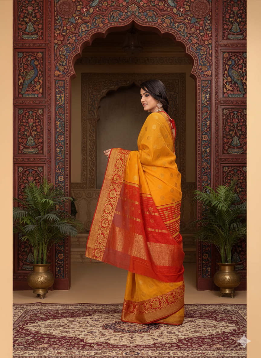 Soft Banarasi Copper Zari Cotton Silk Saree in Elegant Orange
