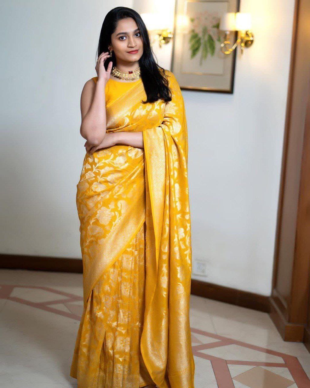 Fluari Golden Yellow Silk Saree for Women – Elegant Banarasi Floral Design