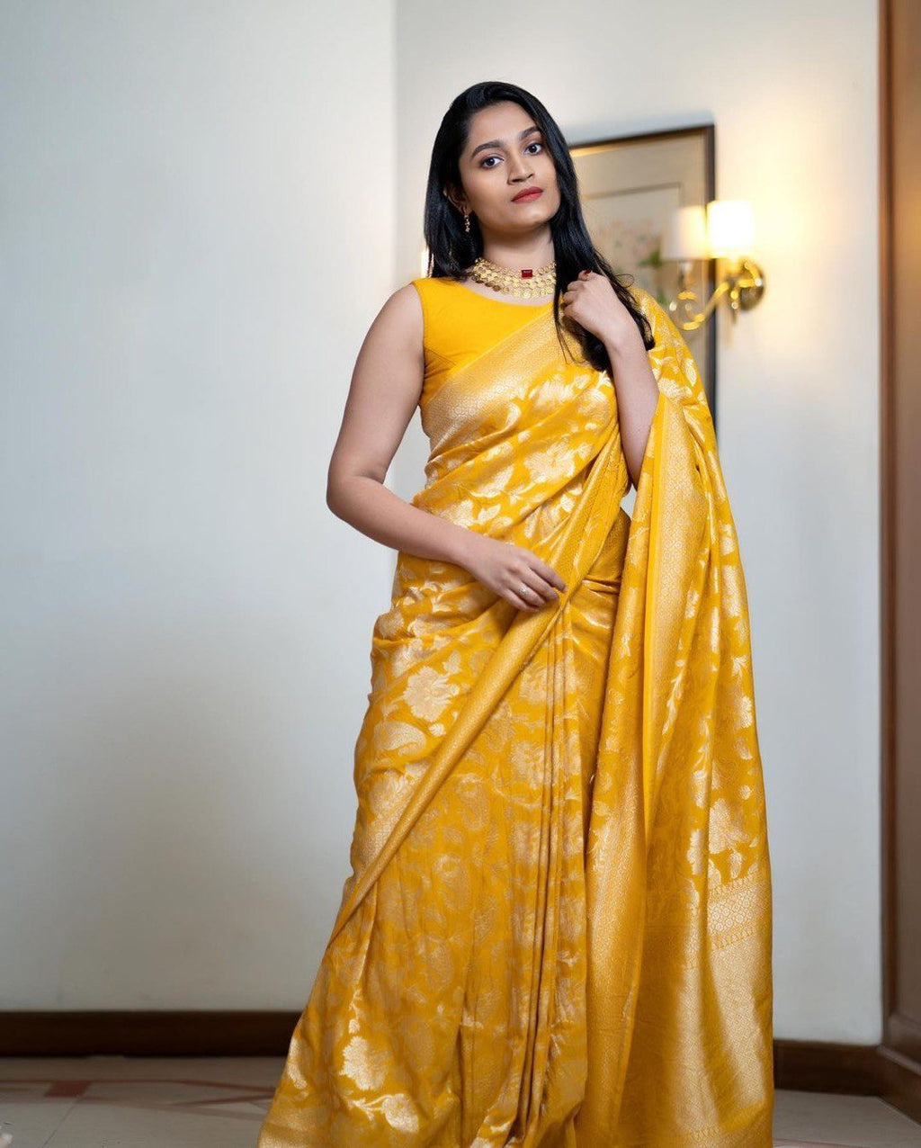 Fluari Golden Yellow Silk Saree for Women – Elegant Banarasi Floral Design
