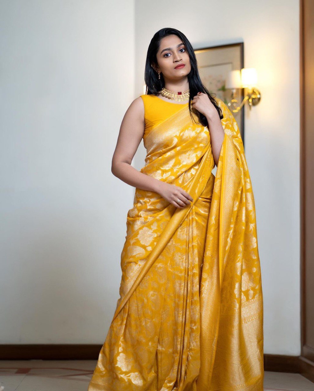 Fluari Golden Yellow Silk Saree for Women – Elegant Banarasi Floral Design
