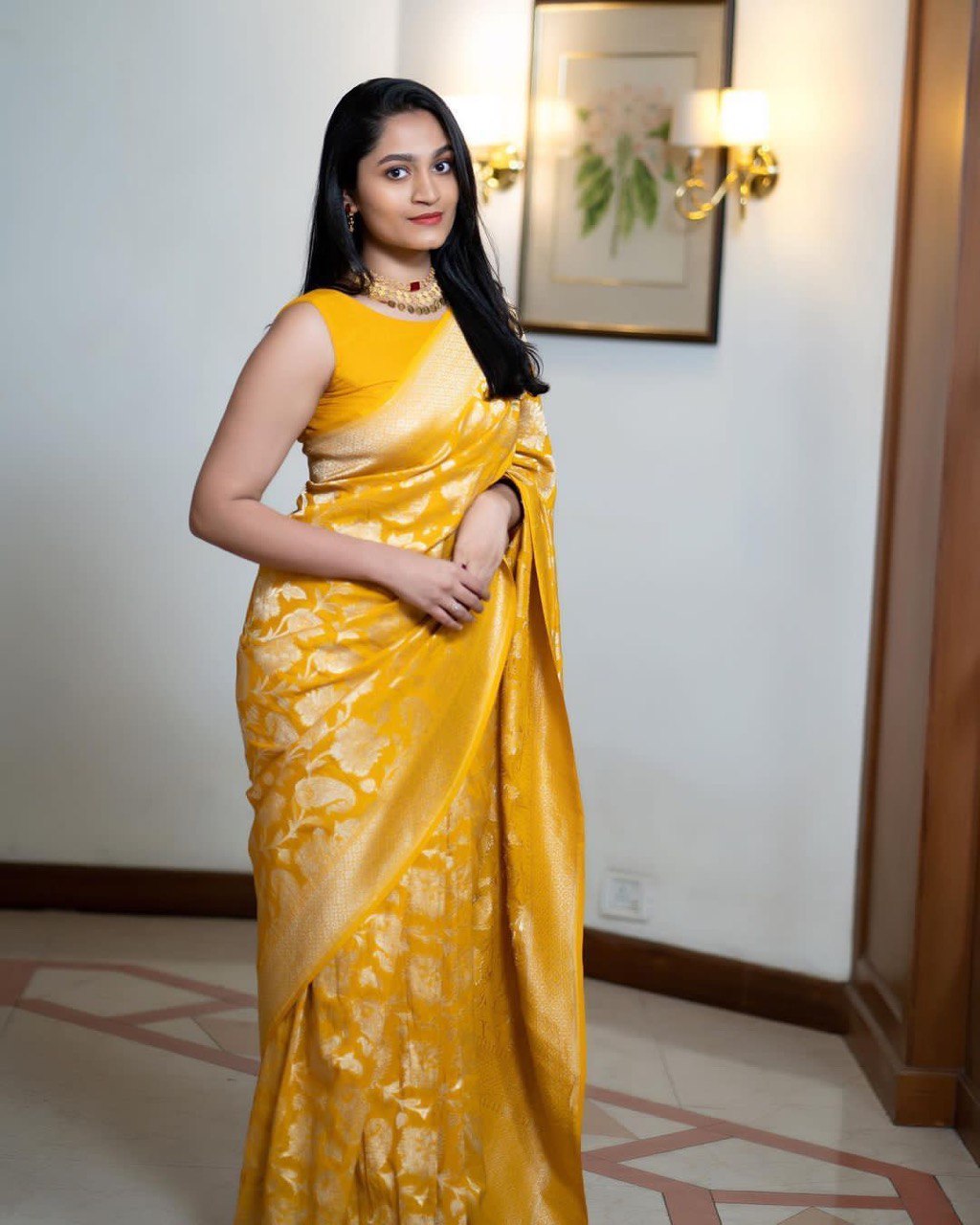 Fluari Golden Yellow Silk Saree for Women – Elegant Banarasi Floral Design