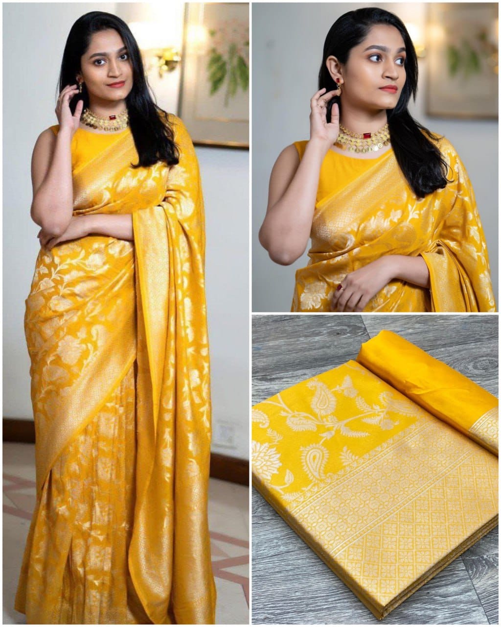 Fluari Golden Yellow Silk Saree for Women – Elegant Banarasi Floral Design