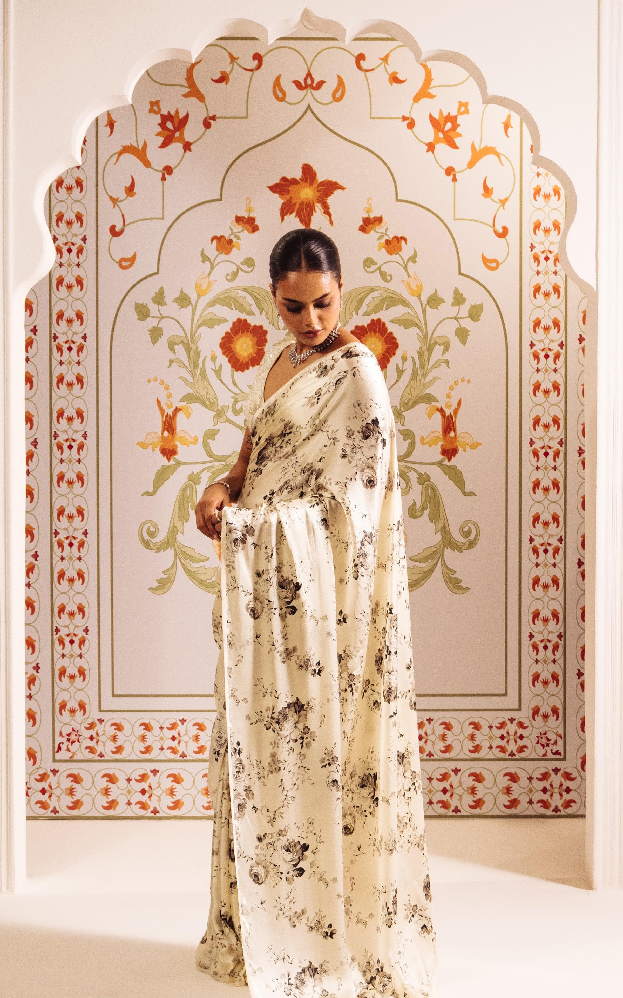 Fulari Elegant Floral Print Satin Saree – Ivory & Black with Matching Blouse Piece