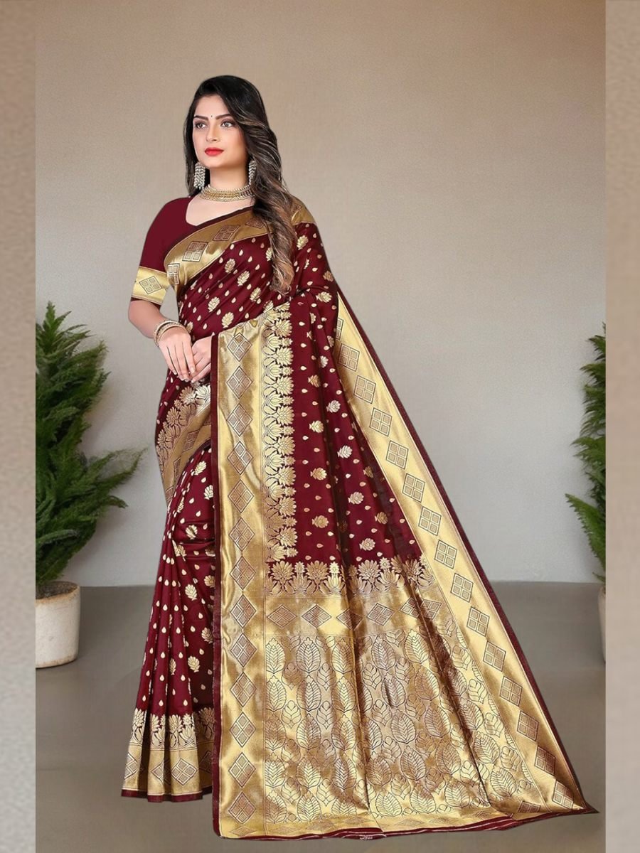 Banarasi Pure Silk Maroon Saree with Gold Zari Border