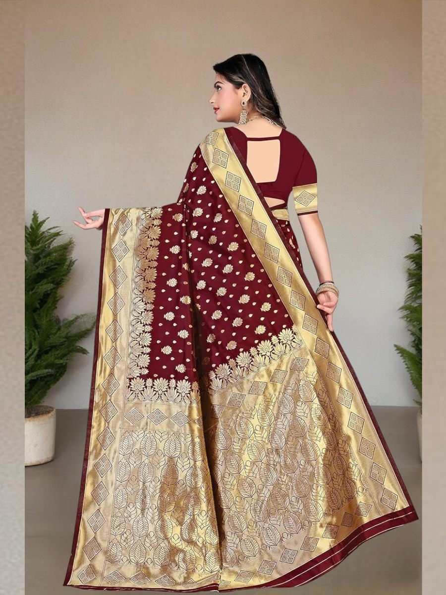 Banarasi Pure Silk Maroon Saree with Gold Zari Border