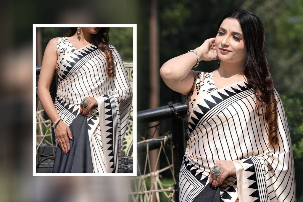 Fulari black satin saree with sleek drape for a stylish Bollywood party look