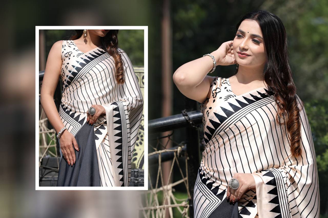 Fulari black satin saree with sleek drape for a stylish Bollywood party look