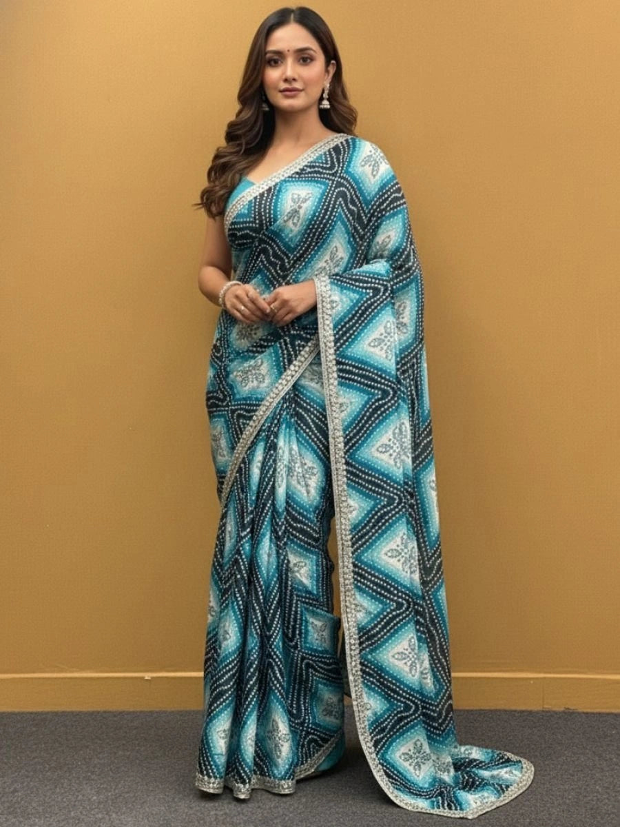 Blue Bandhani Chiffon Saree with Black Geometric Pattern - Handcrafted Traditional Indian Saree by Fulari