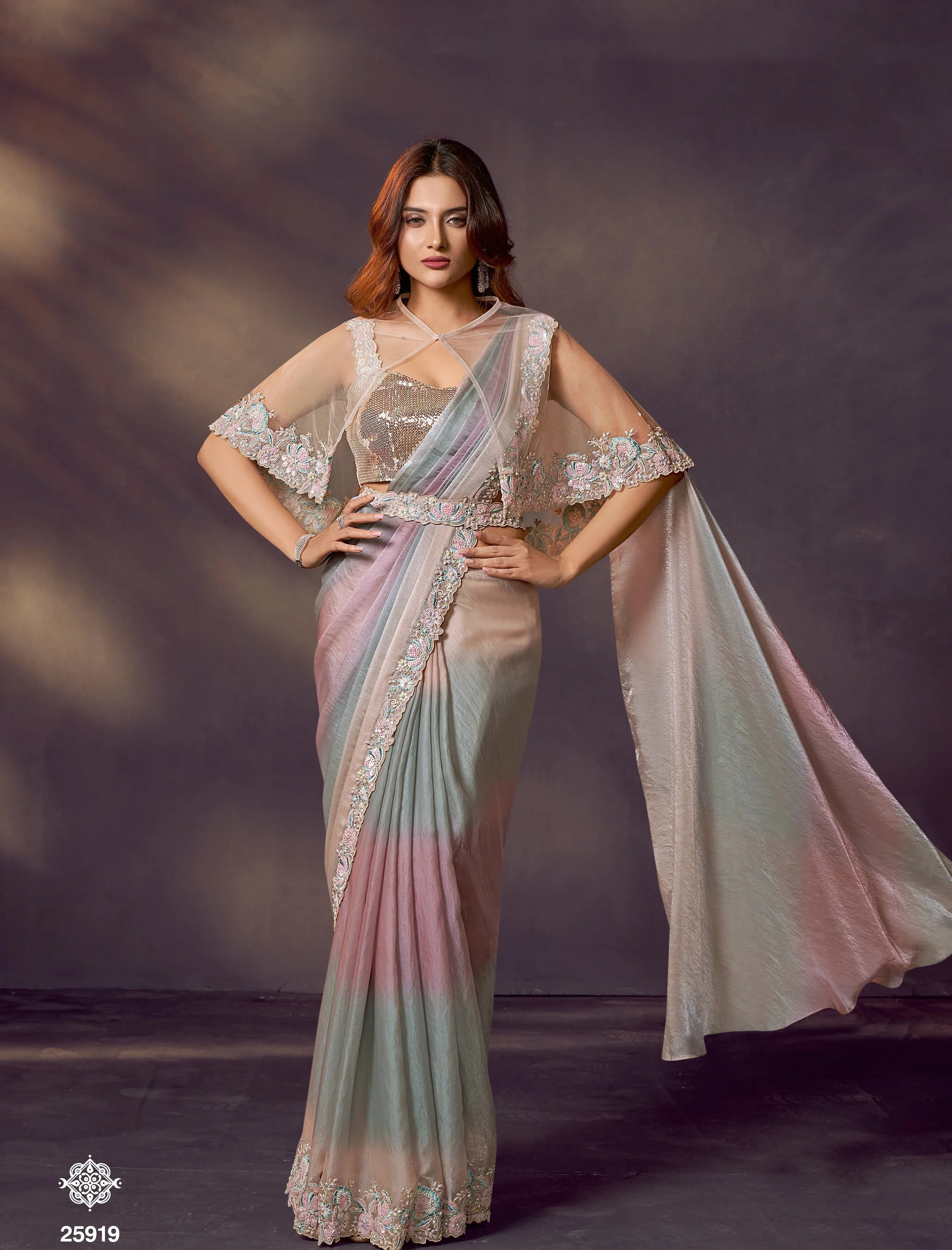 Pastel gradient silk saree with cape style blouse and designer belt by Fulari