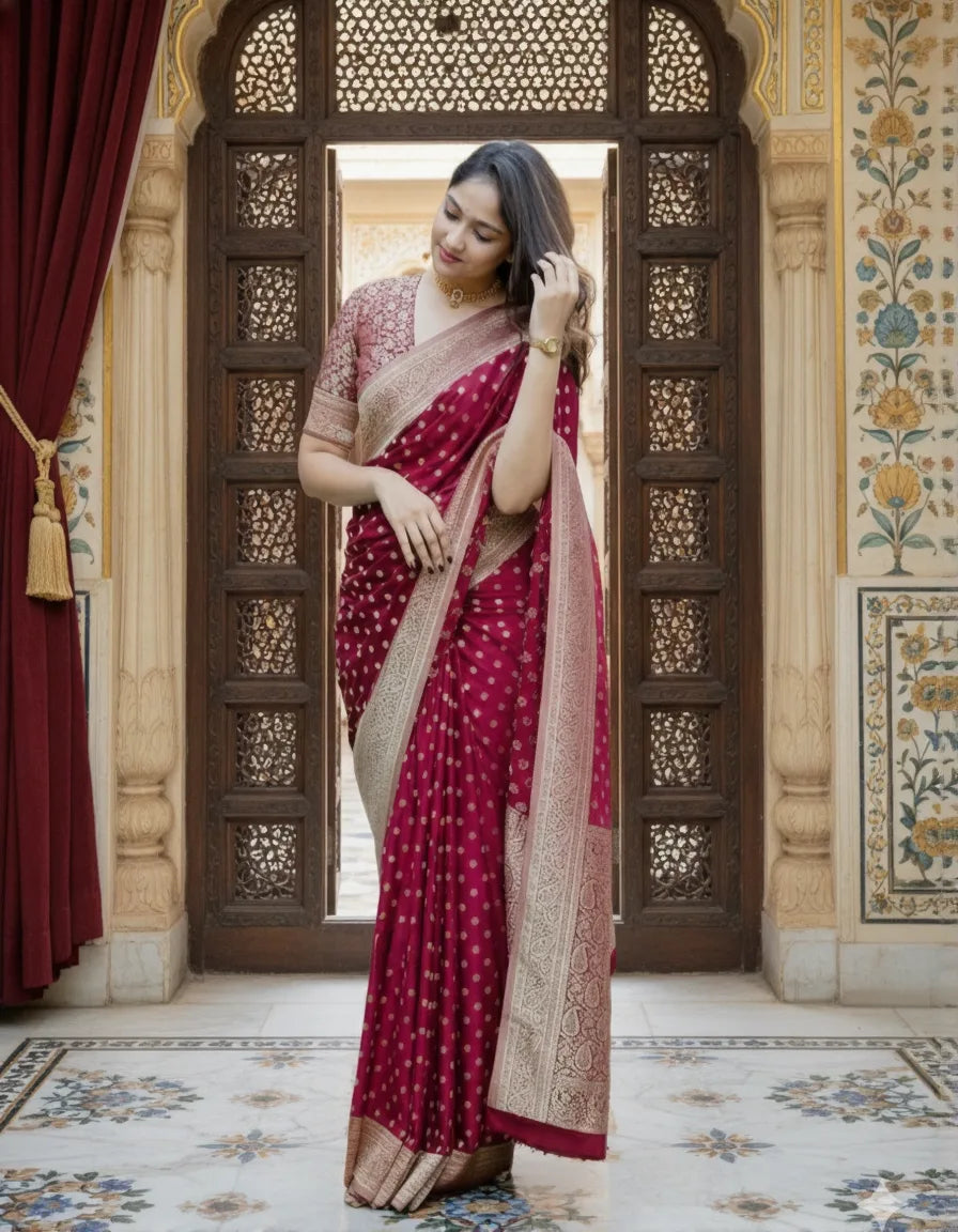 Fulari maroon Banarasi saree with premium ethnic detailing for festive occasions