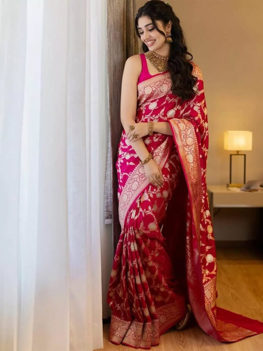Fulari rani pink Banarasi saree with rich zari detailing crafted for elegant festive and wedding wear
