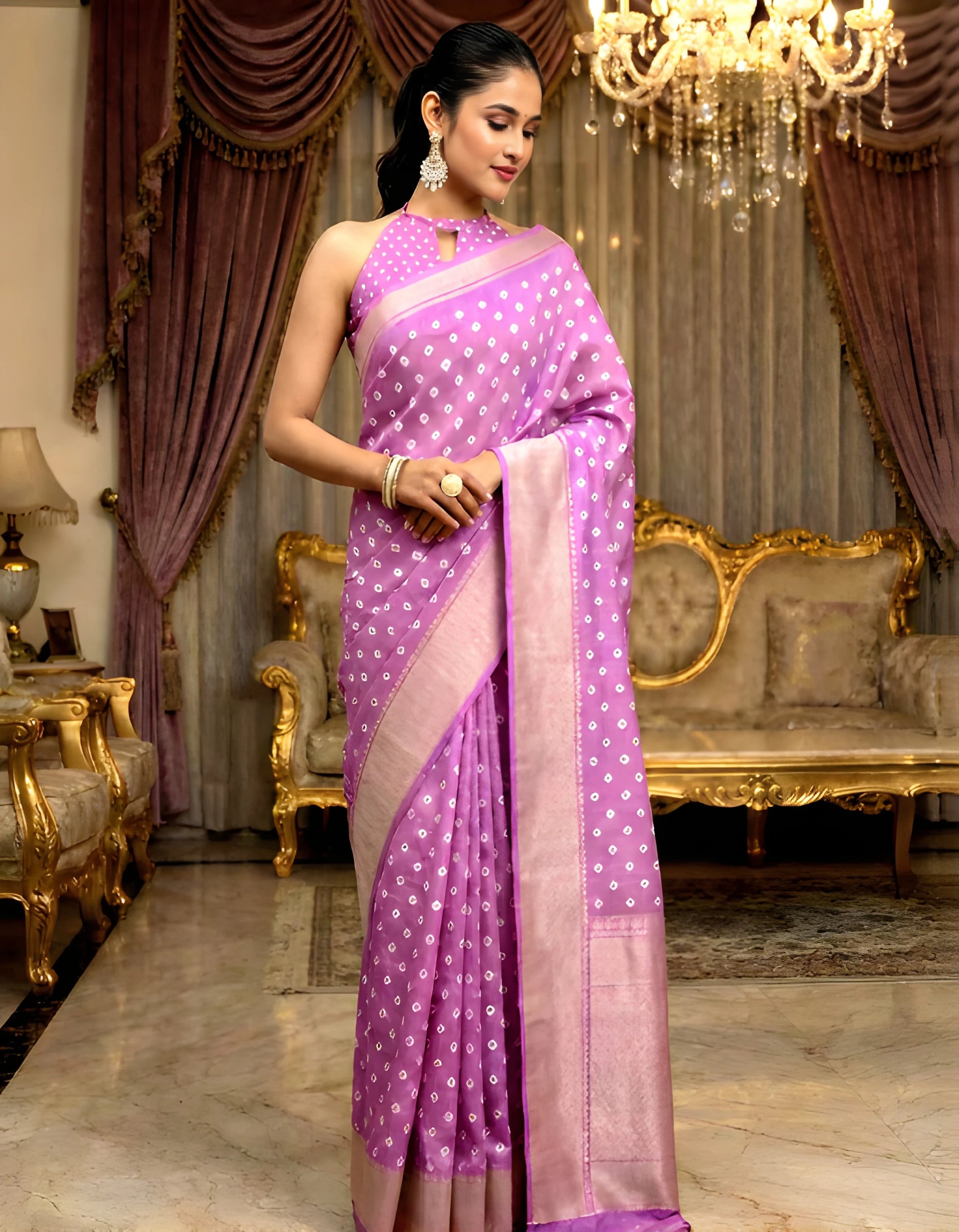 Fulari pink Bandhani saree designed with traditional patterns for festive and occasion wear for women