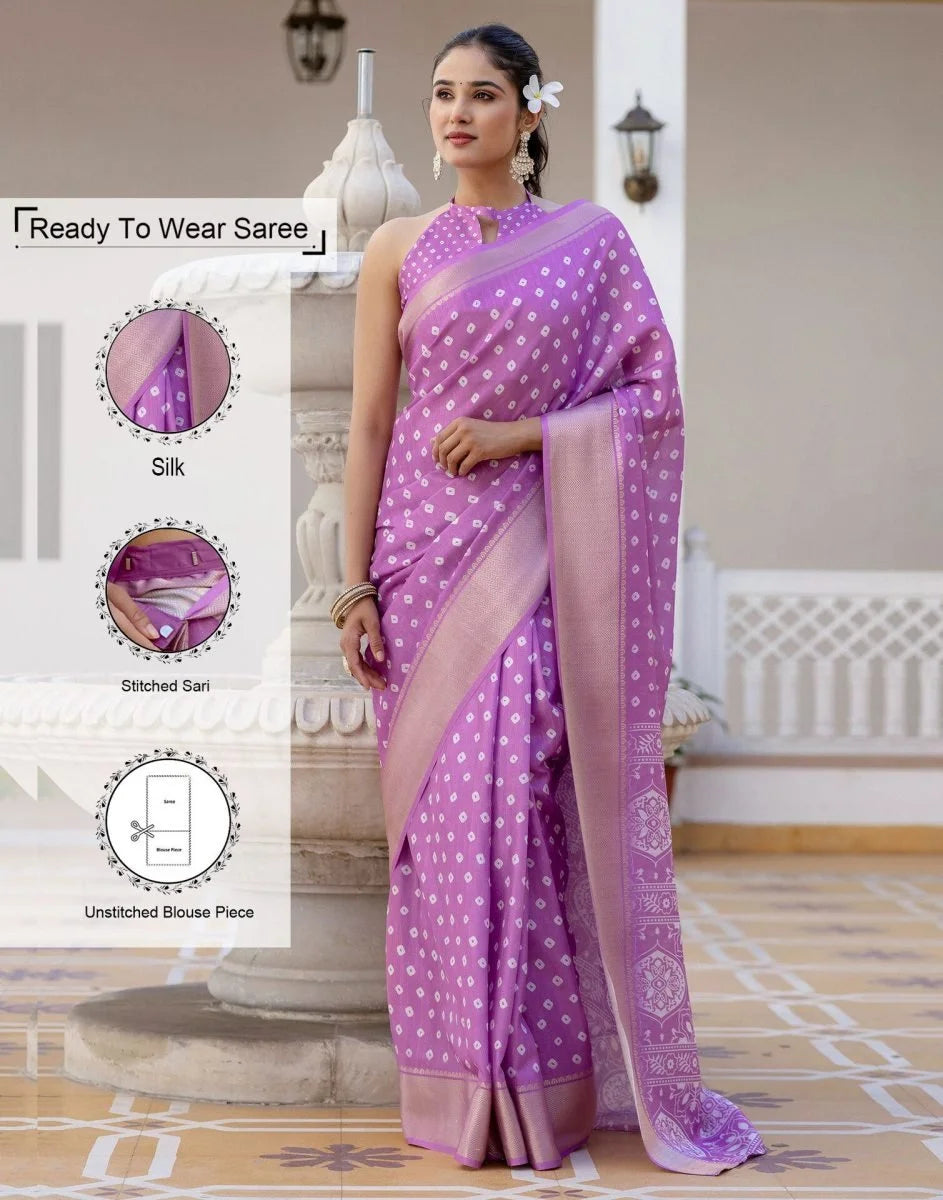 Fulari pink Bandhej saree with white polka dots crafted for elegant ethnic and festive wear for women