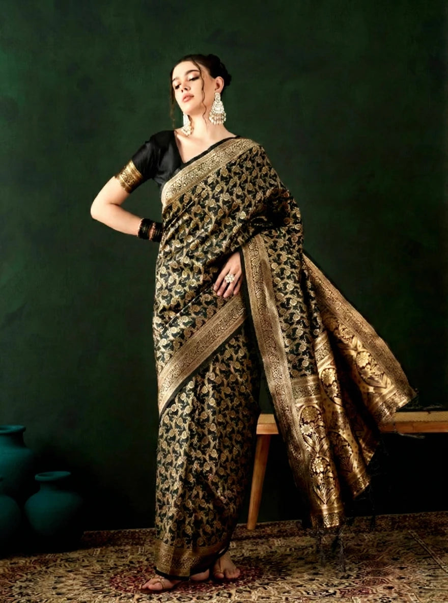 Fulari royal black and gold Banarasi saree with heavy zari motifs and grand border, ideal for weddings and luxury festive wear