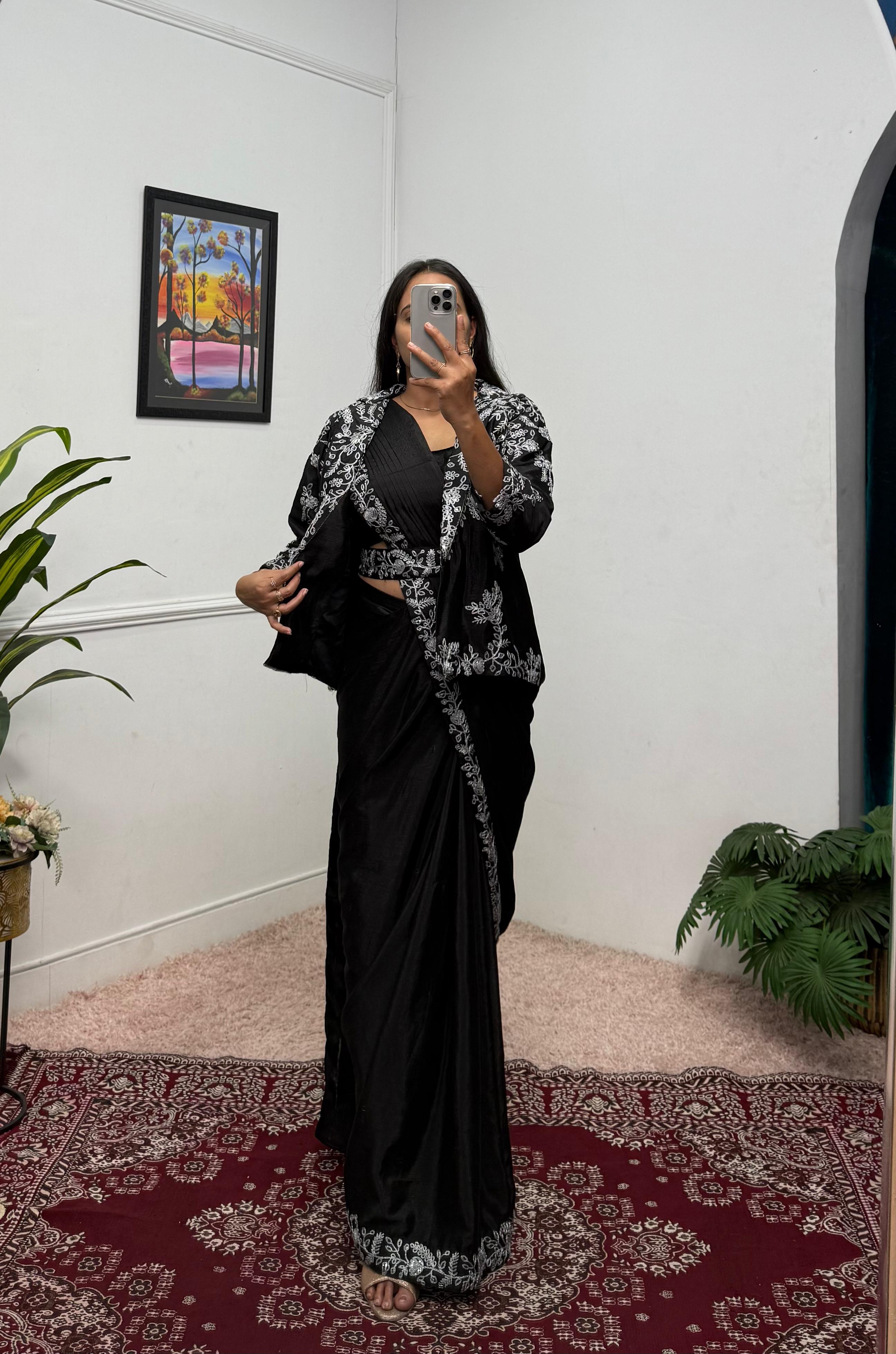 Fulari black saree with jacket styled for an elegant modern party look for women