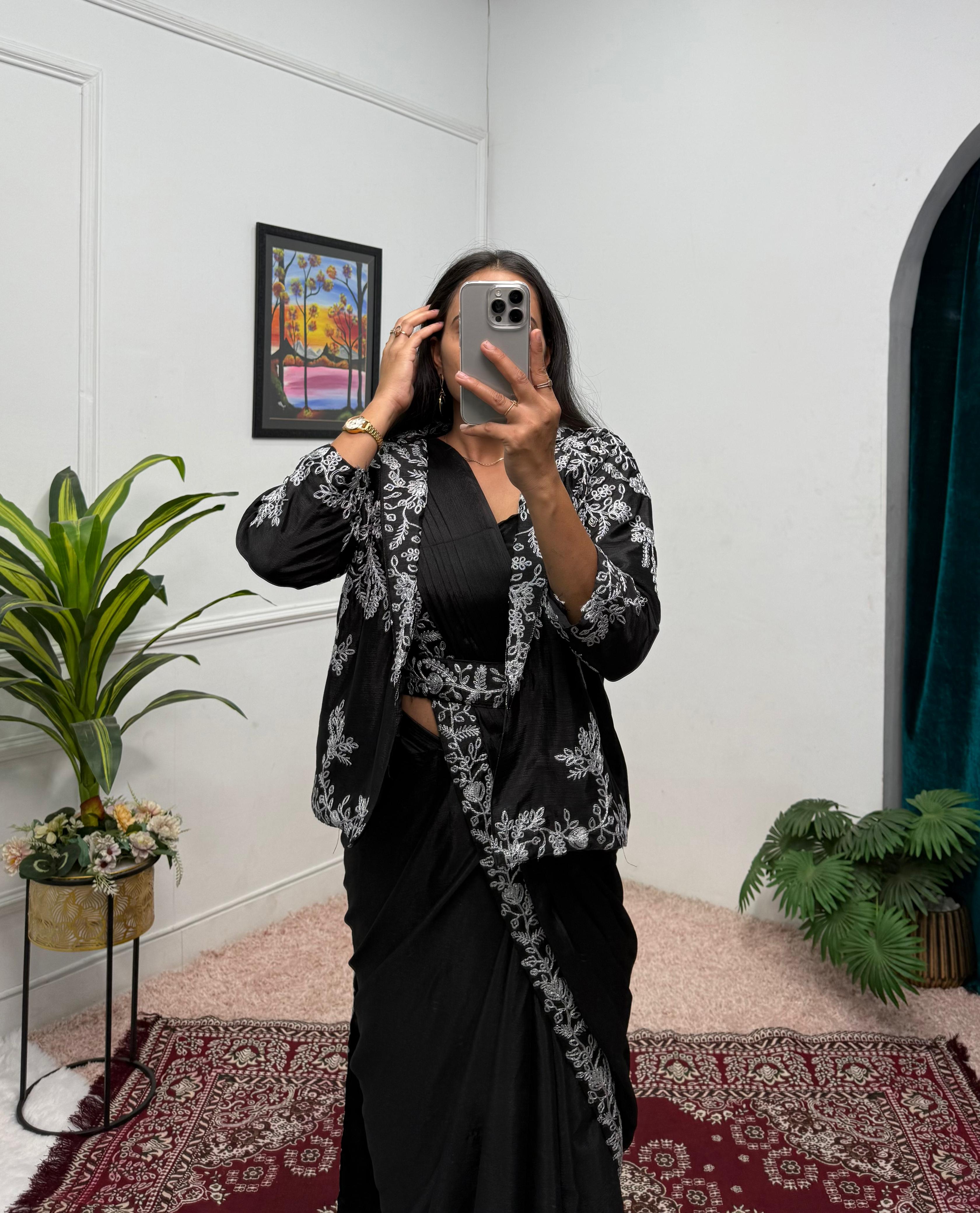 Fulari black saree with jacket for women
