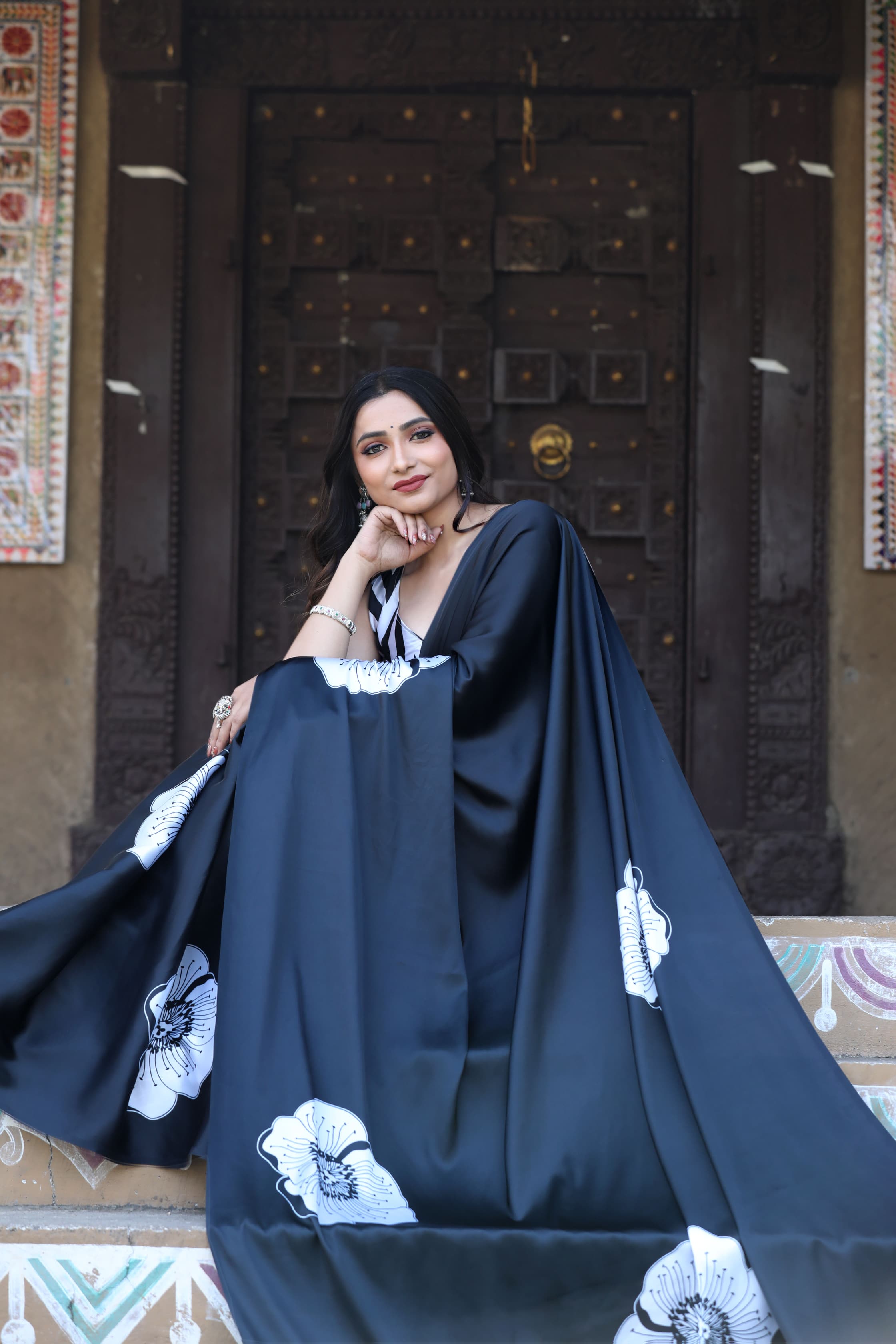 soft black satin saree