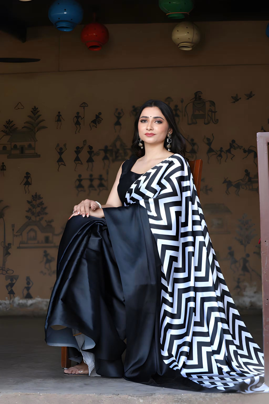 Fulari black satin saree accented with geometric white chevron detailing, perfect for cocktail and festive events