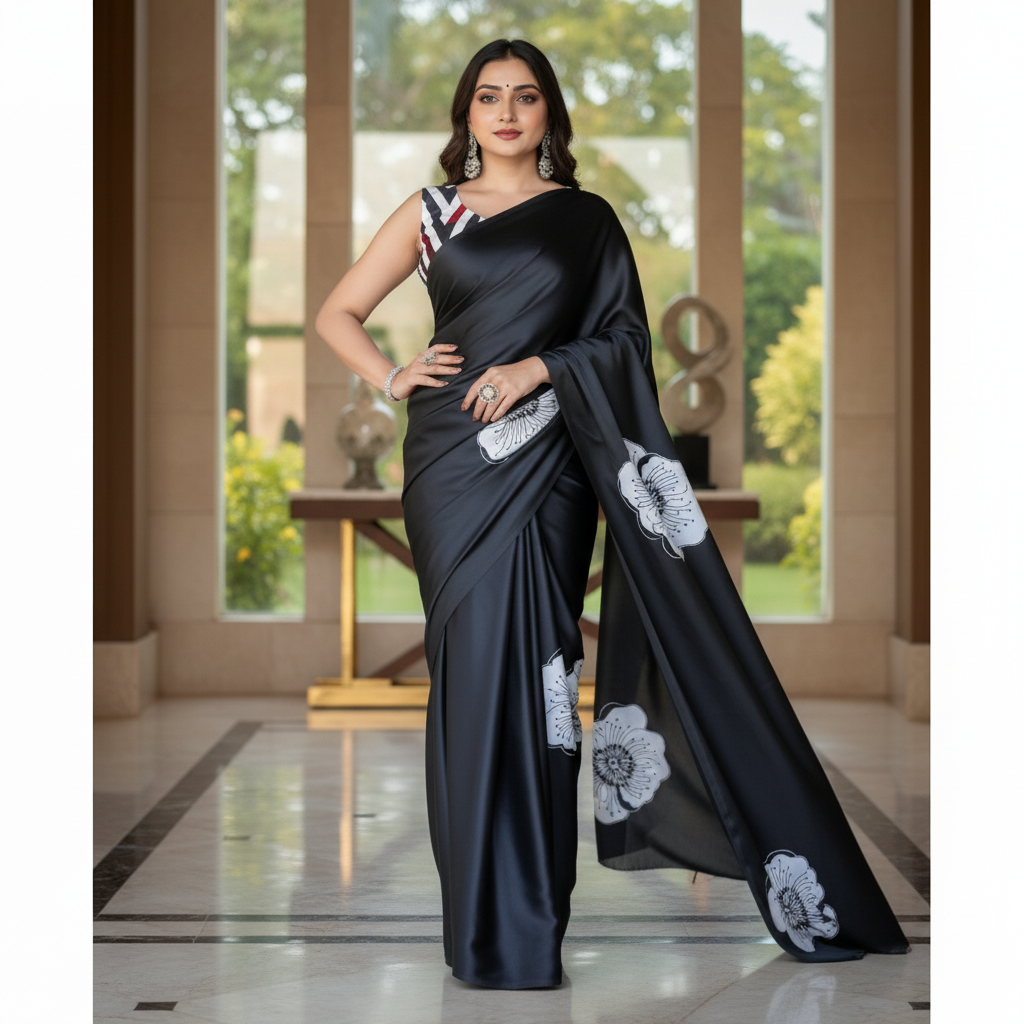 Fulari black satin saree for women
