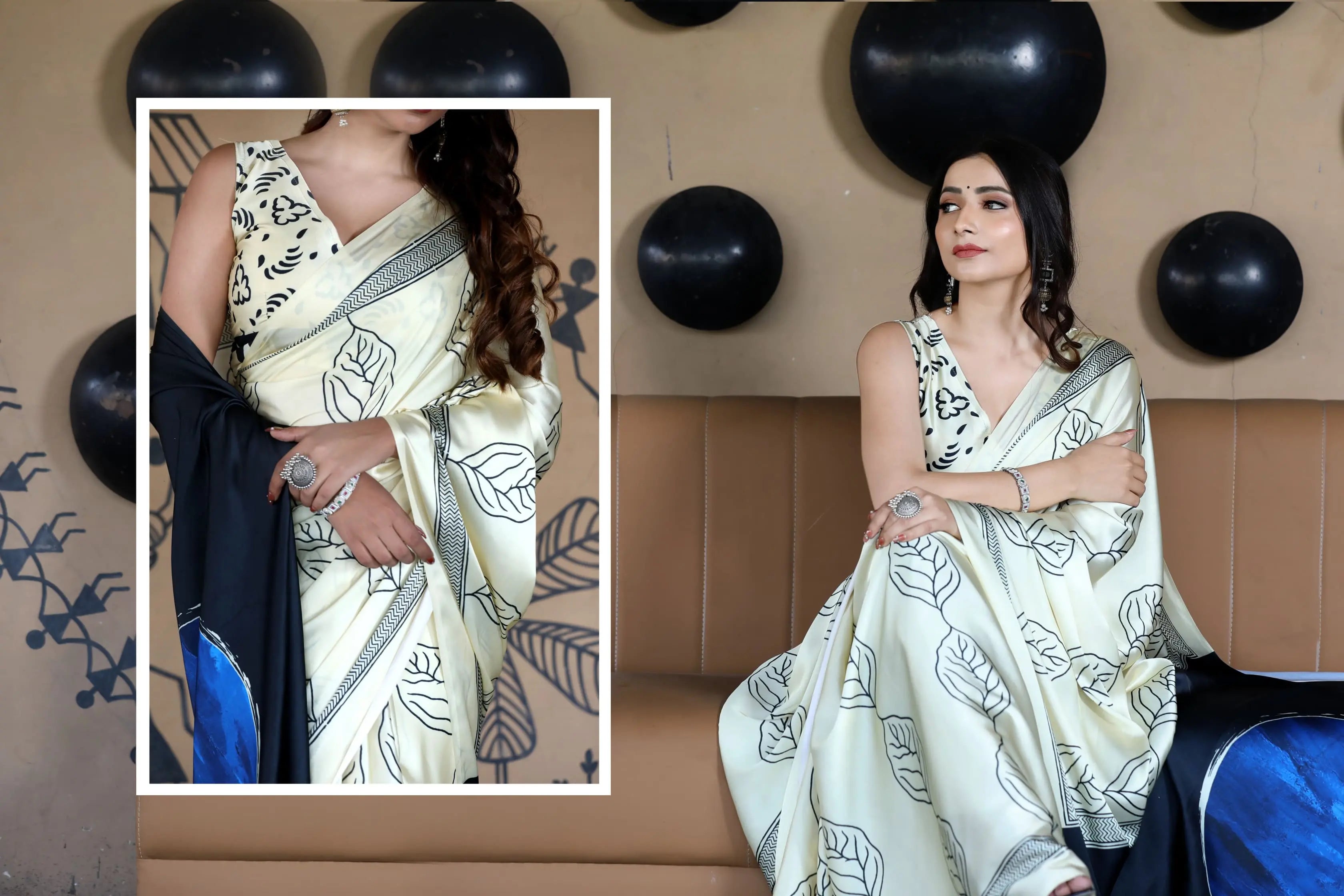 Fulari black satin silk saree with elegant embroidered border, styled for party and festive occasions