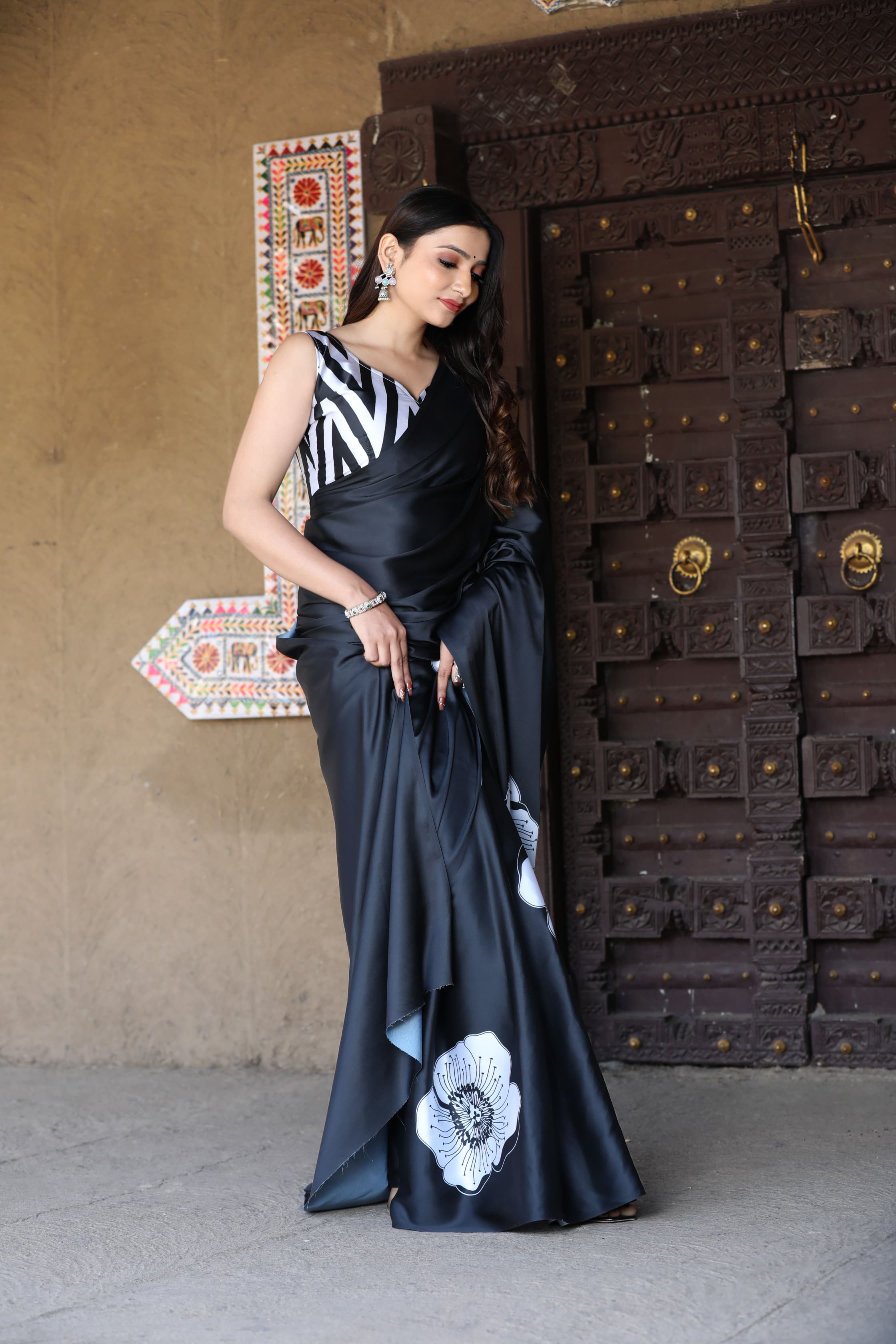 Black satin saree for women
