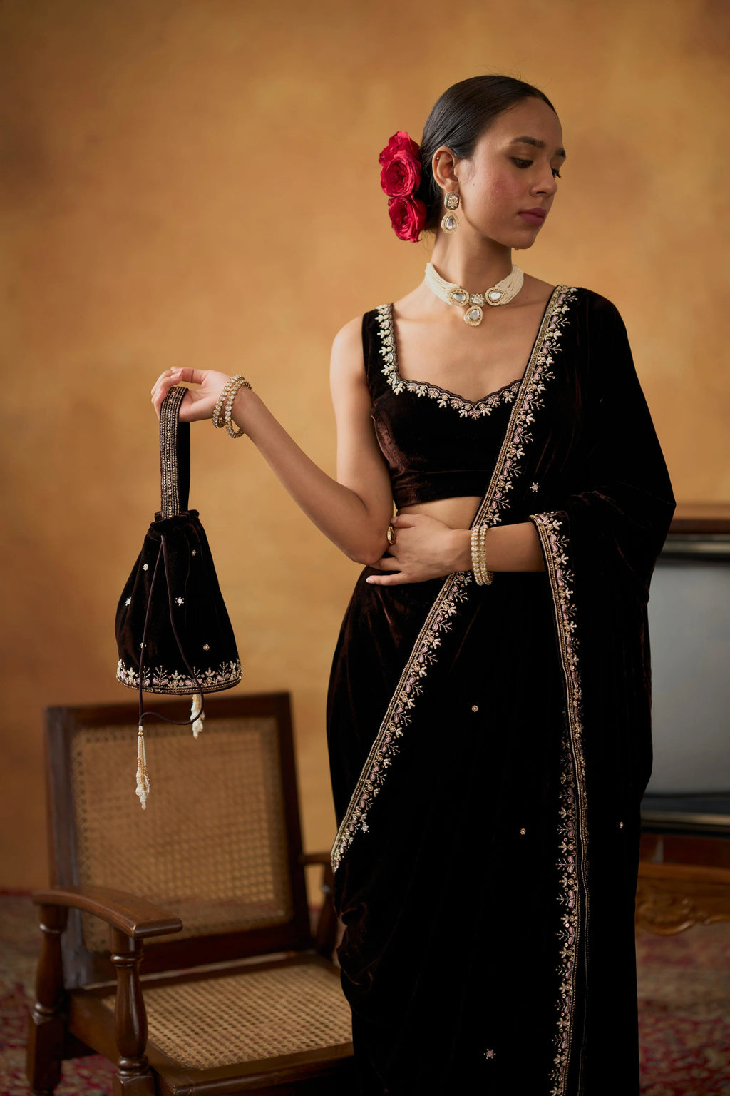 Fulari black velvet saree with rich embroidery, perfect for wedding, reception, and premium festive occasions