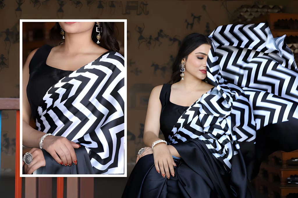 Fulari black saree with white contrast chevron pallu, offering a chic and contemporary look