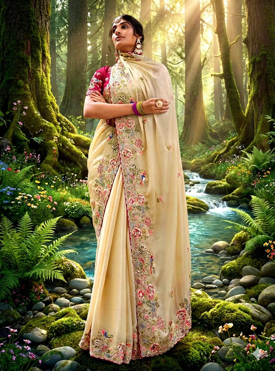 Fulari cream heavy embroidered shadi wear saree with detailed floral border and elegant festive look