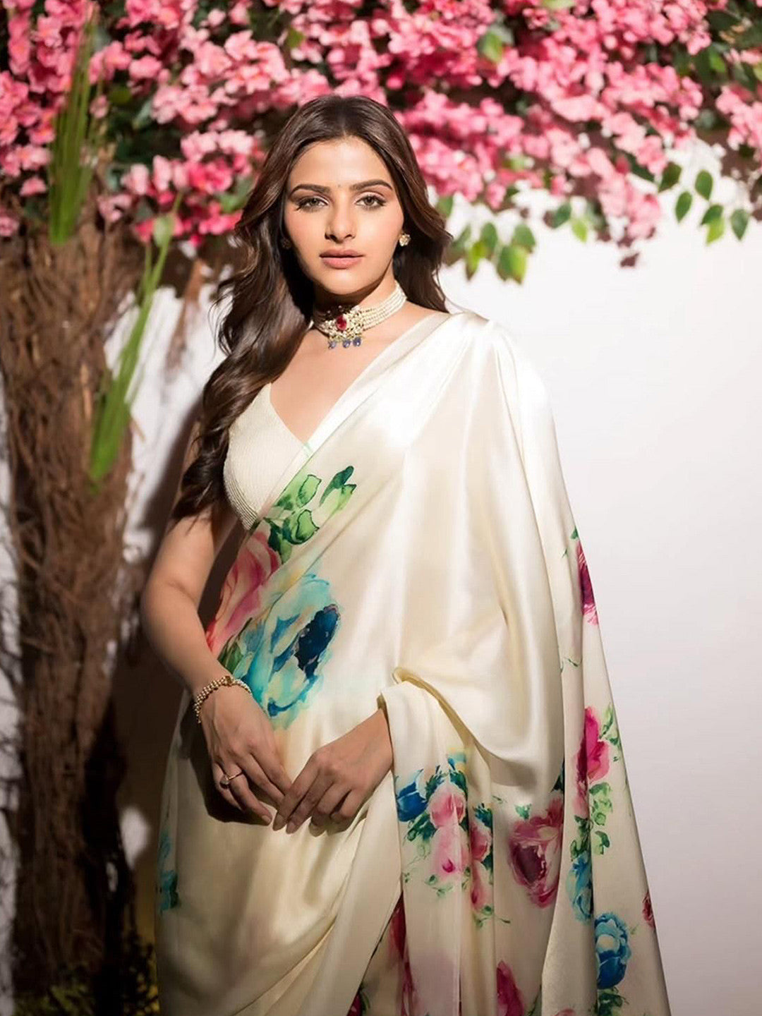 Fulari cream white soft satin saree crafted for premium elegant festive wear