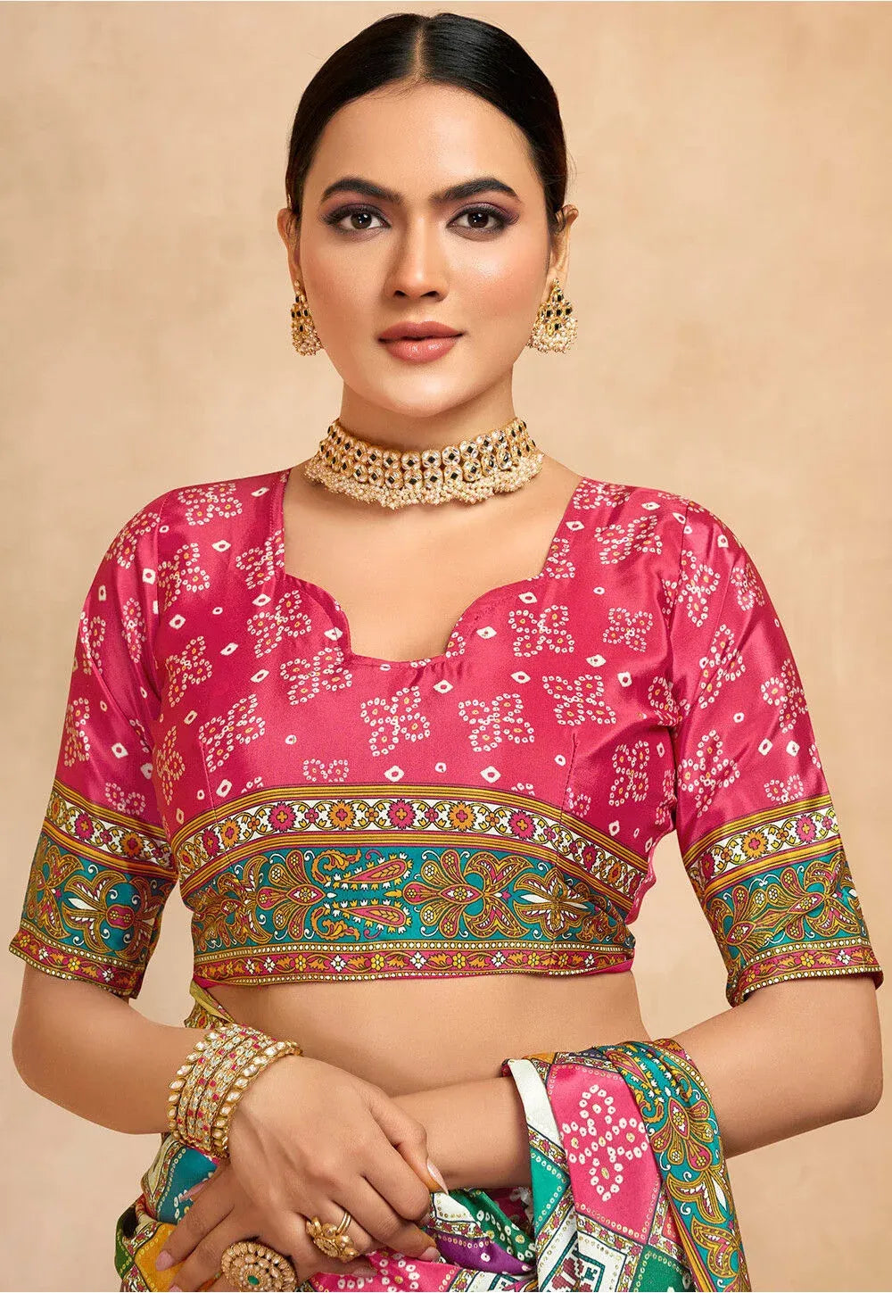 A vibrant Fulari digital printed crepe saree featuring a multicolor patchwork design and a bold mustard yellow border.