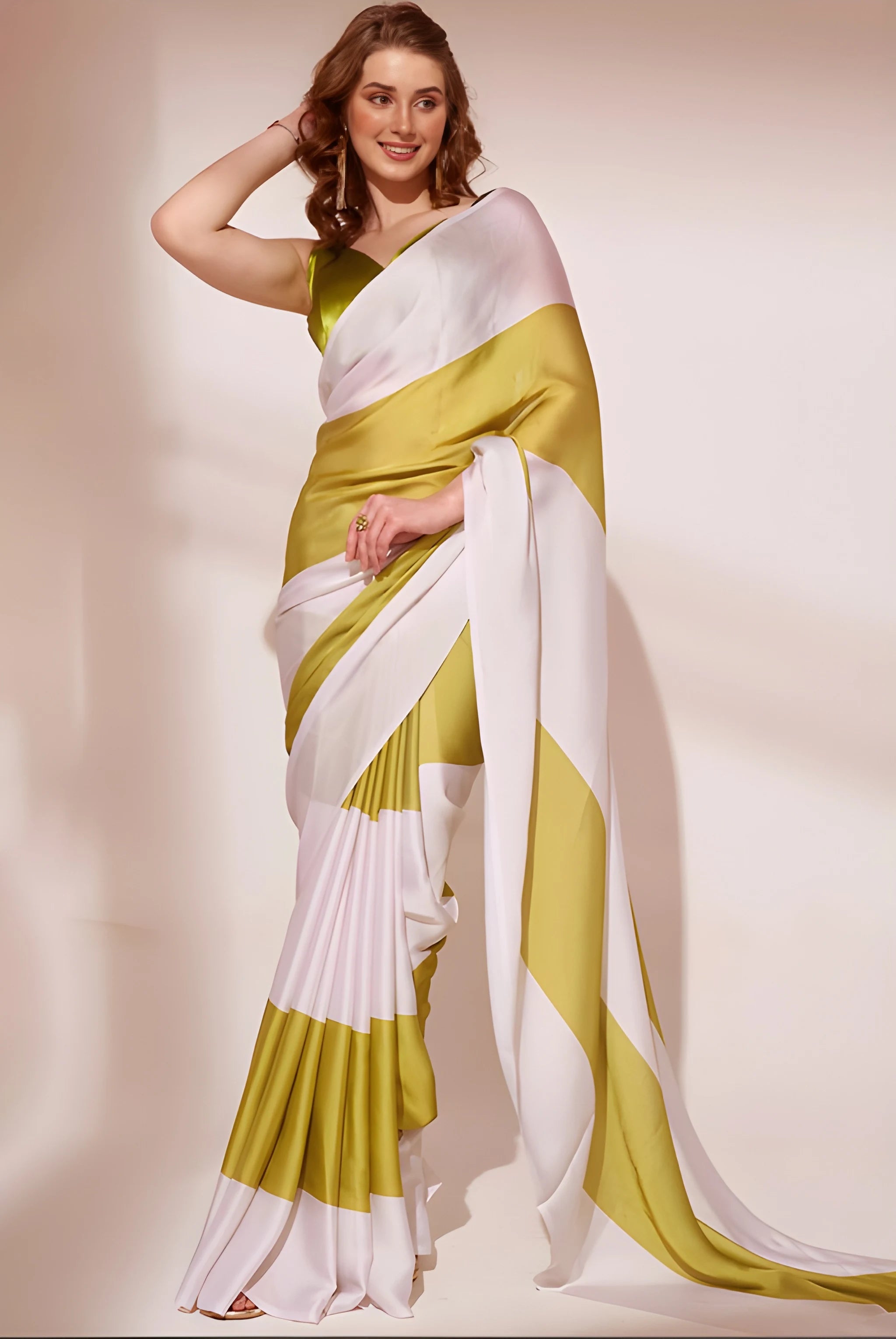 Dual-tone olive green and white satin saree by Fulari, styled for modern celebrations, cocktail events, and festive occasions