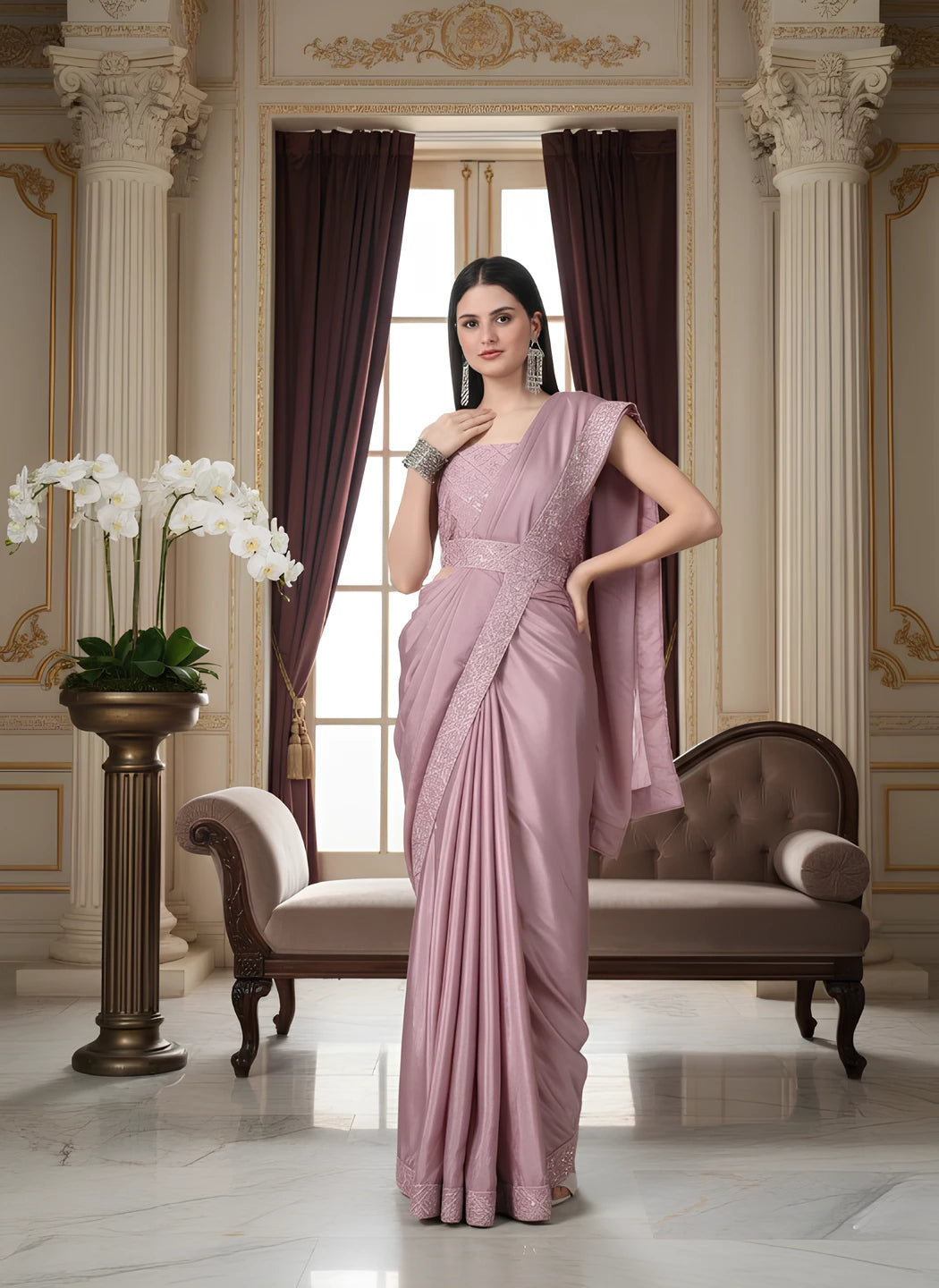 Fulari dusty pink embroidered wedding saree with floral detailing, perfect for festive and shaadi occasions