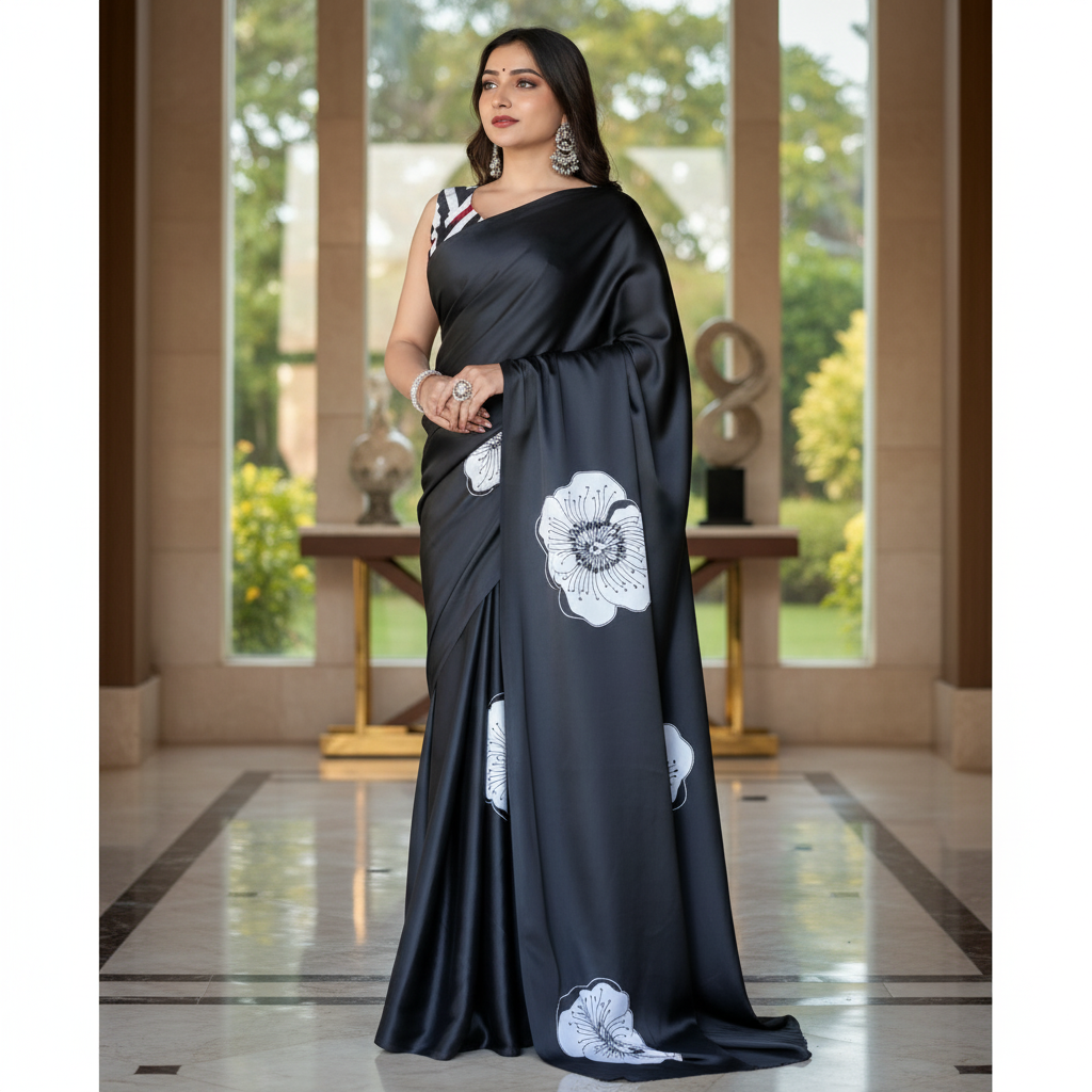 Fulari black satin saree for women
