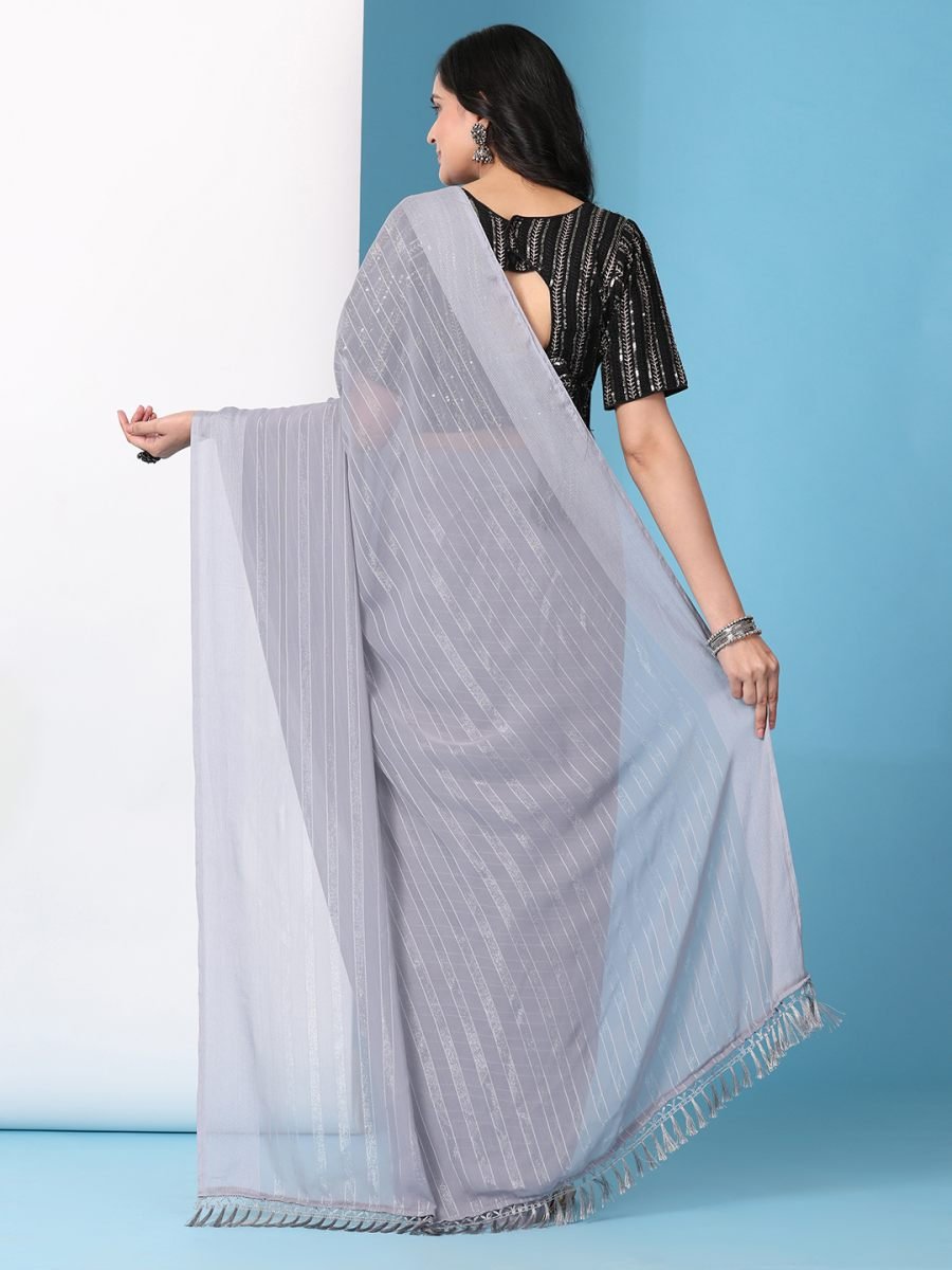 Fulari grey ready to wear saree with easy drape style for party and festive wear