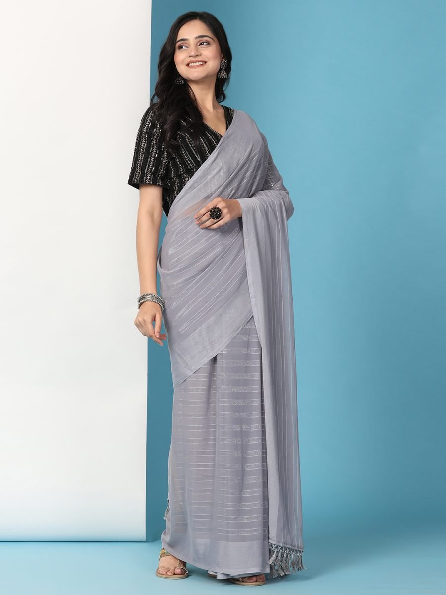 Fulari grey ready to wear saree crafted for stylish festive and party wear