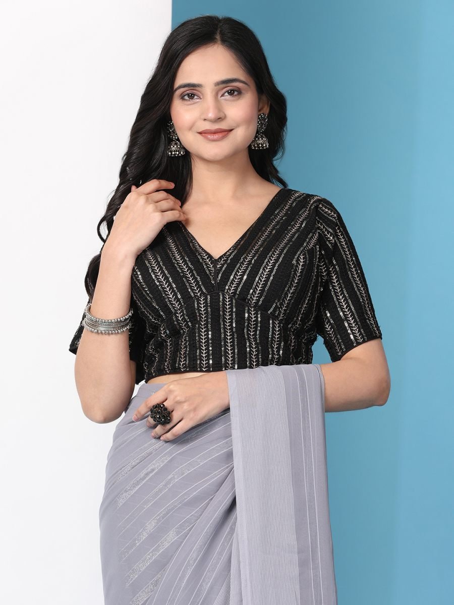 Fulari grey ready to wear saree styled for a premium party look