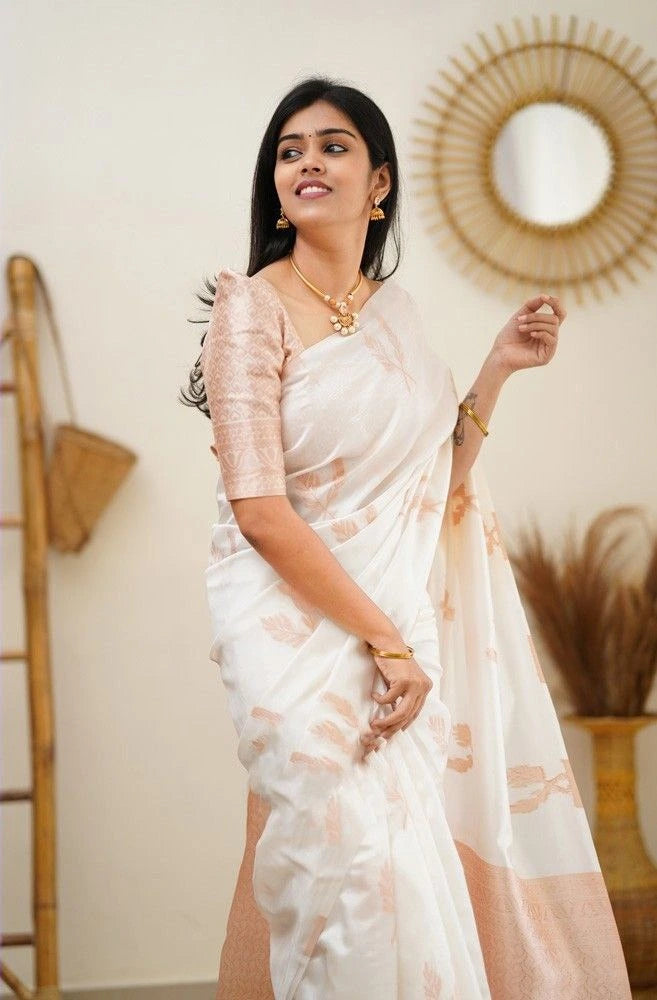 Fulari ivory and peach soft silk saree with delicate woven accents, suited for premium festive and occasion wear