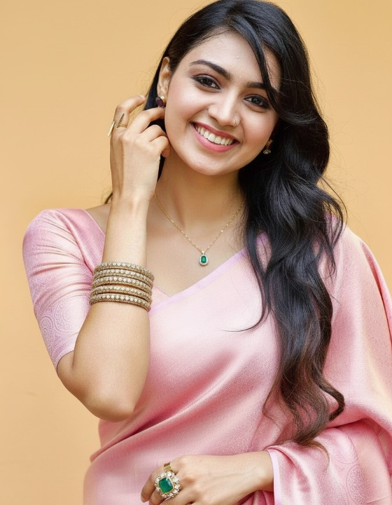 Woman in a pink saree with jewelry on a beige background