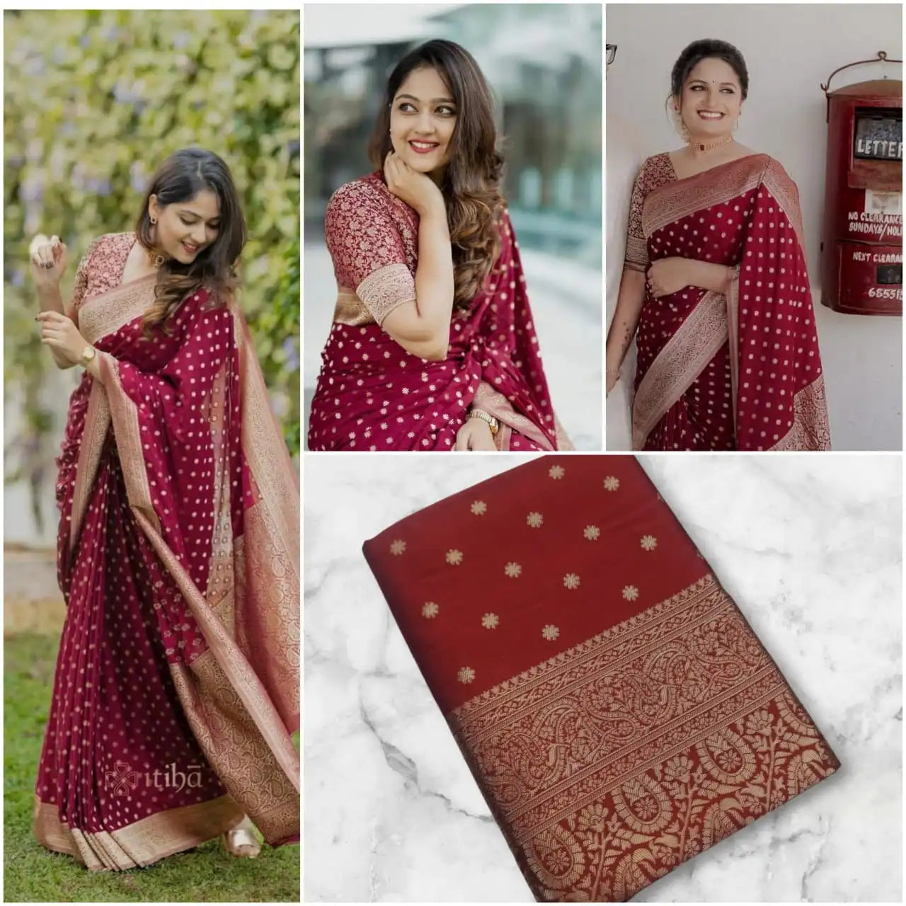 Fulari maroon Banarasi silk saree with traditional golden motifs styled for a refined festive look
