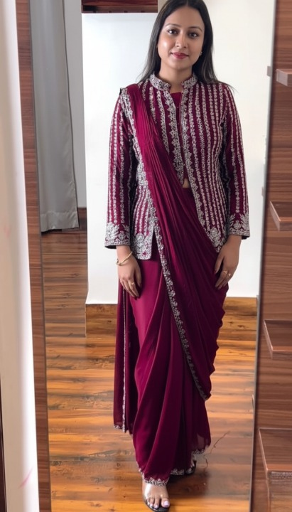 Fulari maroon saree designed for a luxury party and celebration look for women