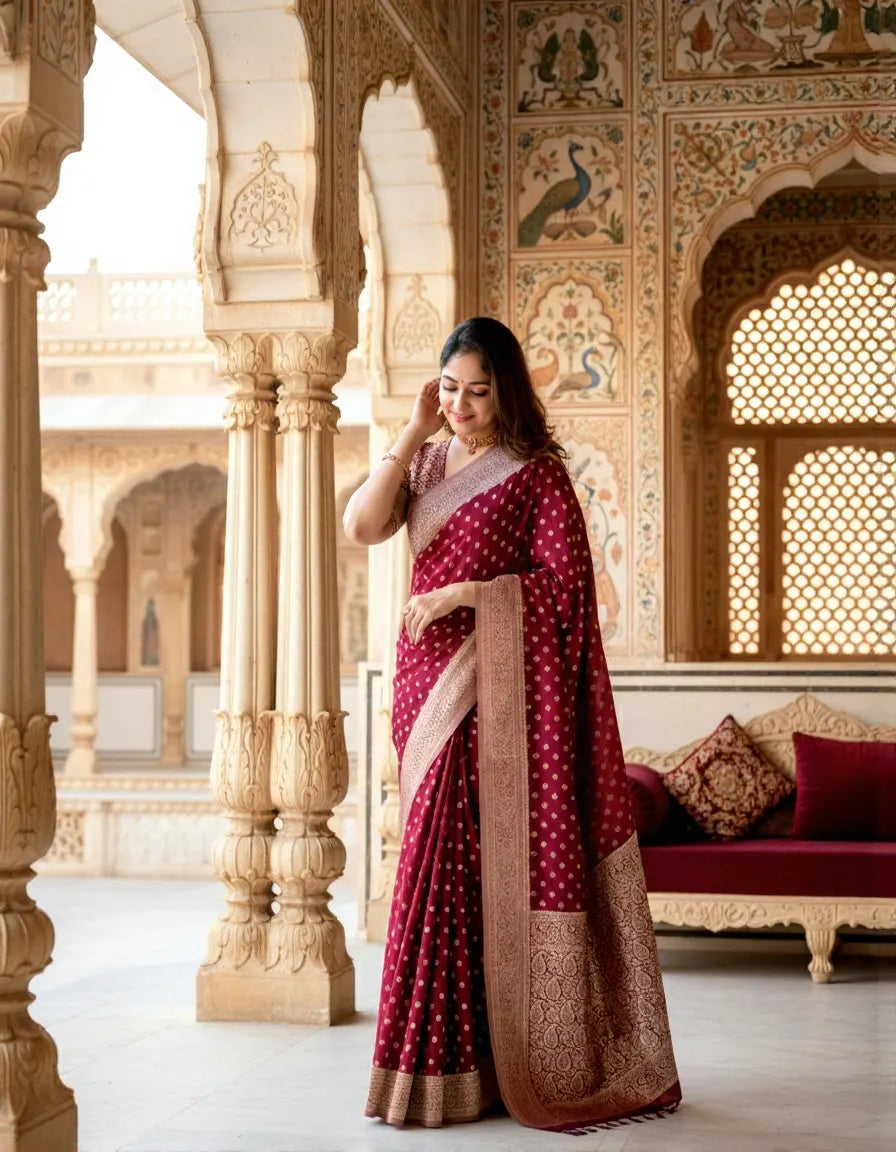 Fulari maroon Banarasi saree with royal zari motifs styled for festive elegance