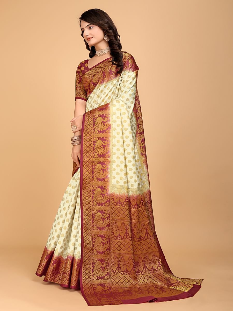 Nylon silk white saree with brown border for women