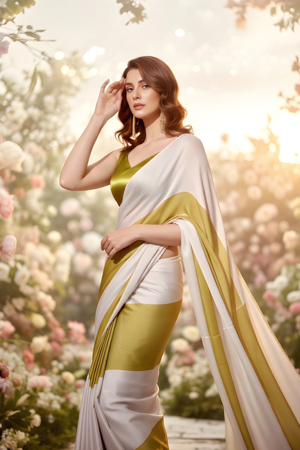 Elegant Fulari olive green and white party wear saree in smooth satin fabric, offering a contemporary look with timeless charm