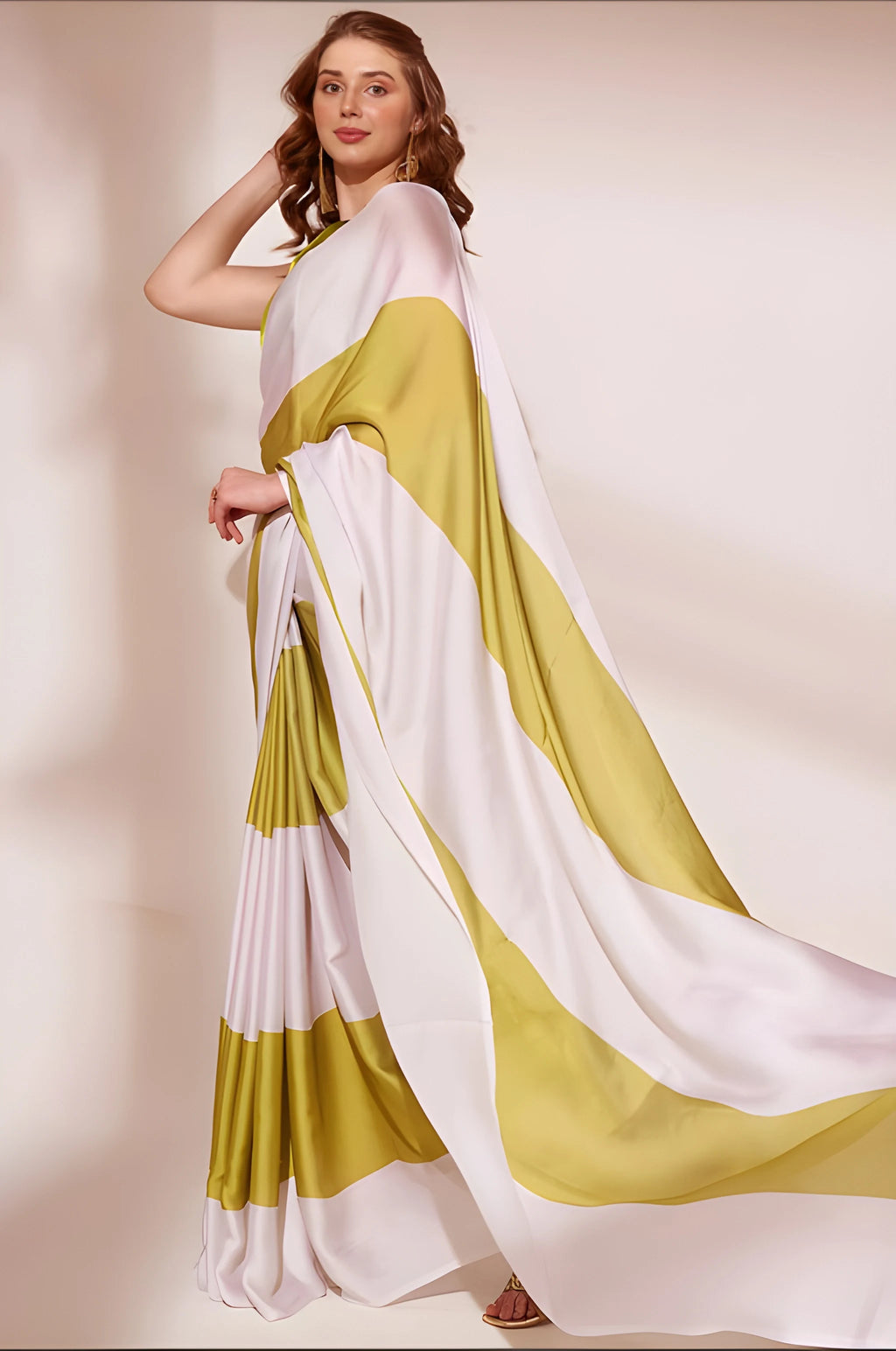 Fulari olive green and white satin saree featuring modern color block design, styled for elegant party and festive occasions with a sleek drape and contemporary appeal