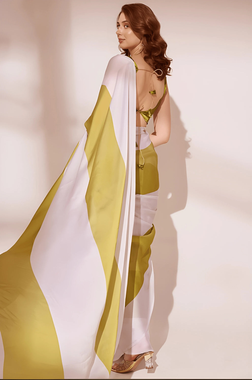 Fulari olive green and white modern satin saree with clean stripes and graceful drape, perfect for evening parties and festive gatherings