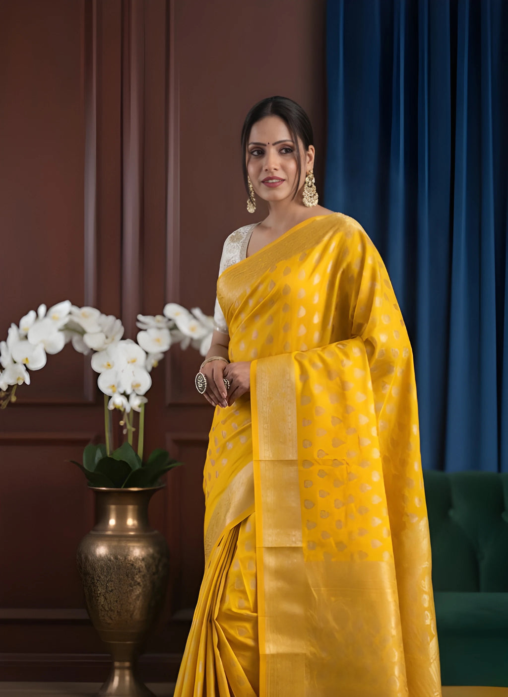 Woman in a yellow georatte ready to wear saree 